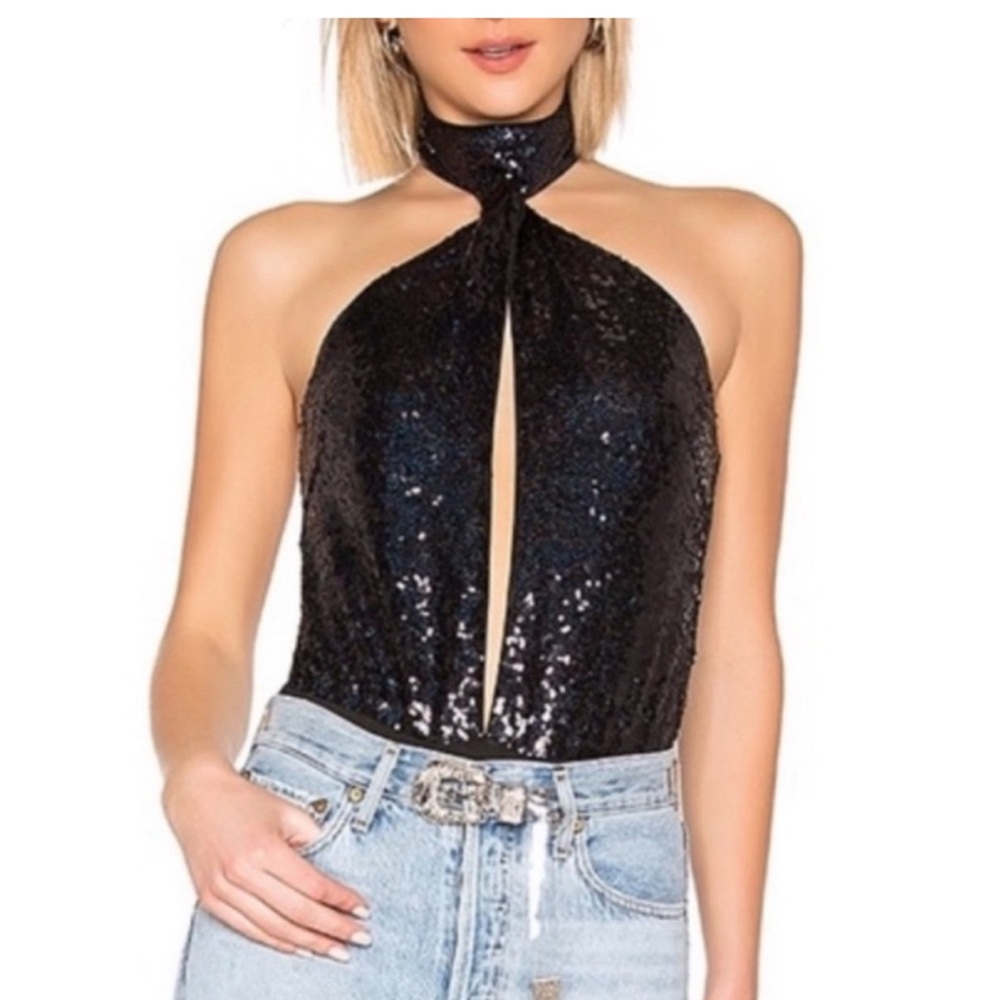 Revolve Black Sequin Halter bodysuit